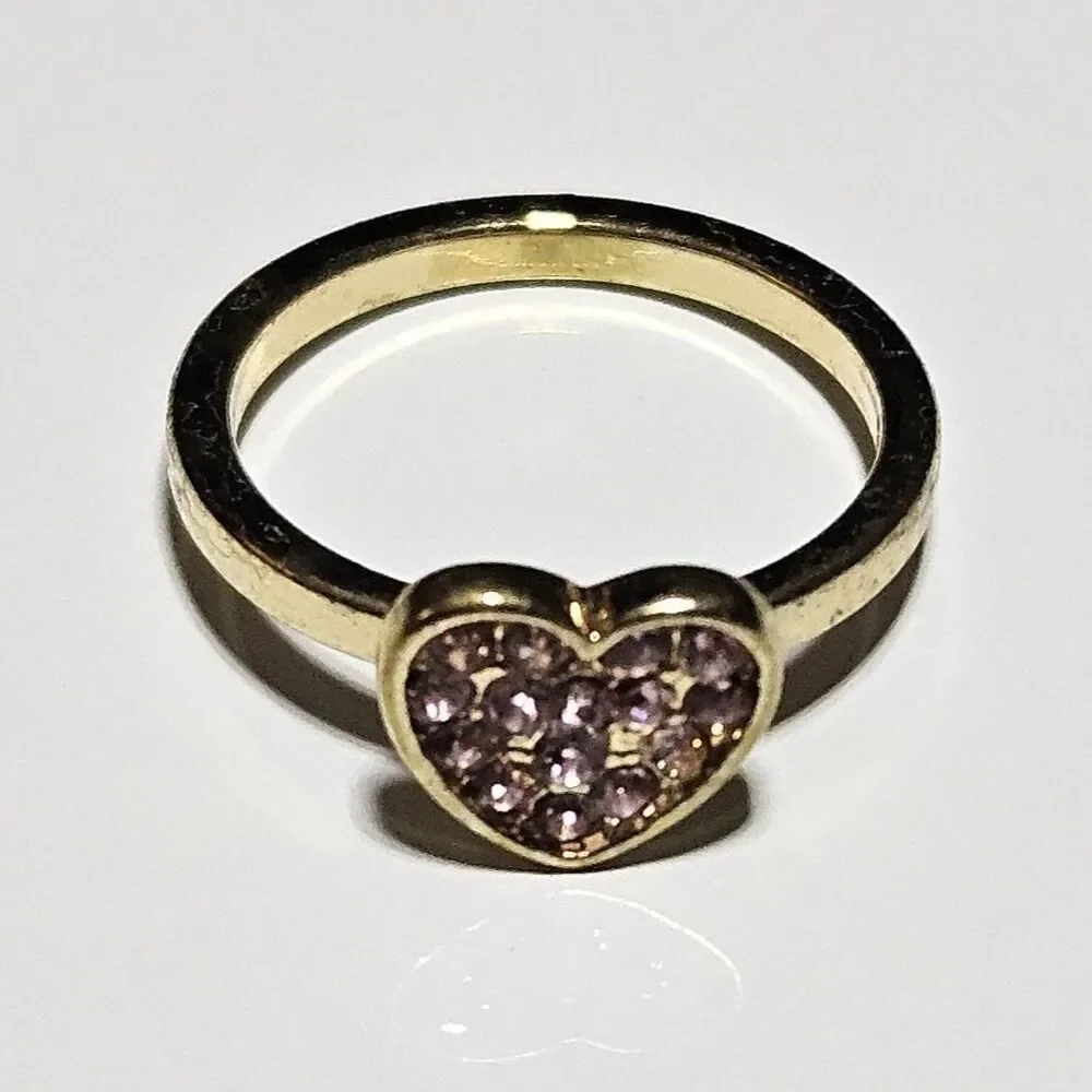 Gold Tone Pink Rhinestone Accented Heart Ring Size 5.25